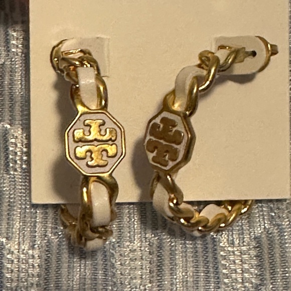 Tory Burch Jewelry - Tory Burch Gold and White Chain Hoop Earrings